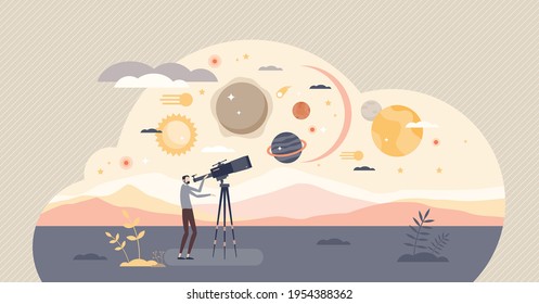 Discovery or universe exploration with star observation tiny person concept. Look to planets and space to find new orbits, meteors or asteroids vector illustration. Astrology study as galaxy knowledge