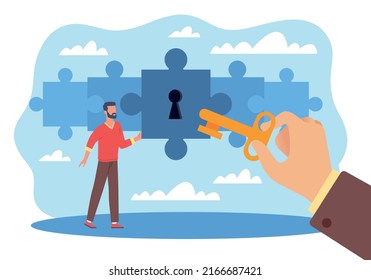 Discovery Of Unrealized Talent, Abilities And Skills. Professional Advantages. Employee Knowledge, Personal Characteristics Puzzle Pieces, Key Opens Lock, Vector Cartoon Flat Concept