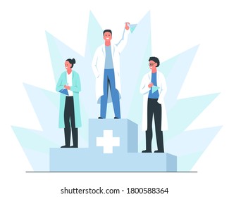 Discovery of a vaccine concept. Vector illustration of three happy smiling scientists on the podium with chemical flasks in their hands. Medical research, successful vaccine development, recognition