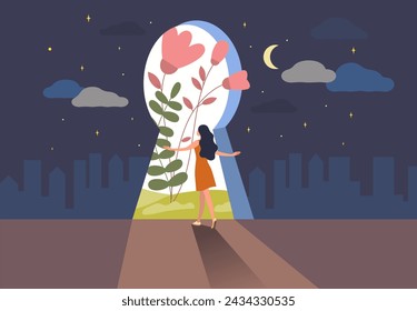 Discovery yourself. Dream self freedom. Find emotions inside. Belief and identity development. Mental improvement. Door keyhole. Unknown way portal. Psychology concept. Vector illustration