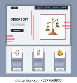 Discredit flat landing page website template. Stop harassment, beating, hate. Web banner with header, content and footer. Vector illustration.