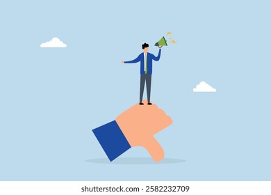 Discredit, ineffective entrepreneur using loudspeaker to disparage and accuse others while displaying thumbs down gesture