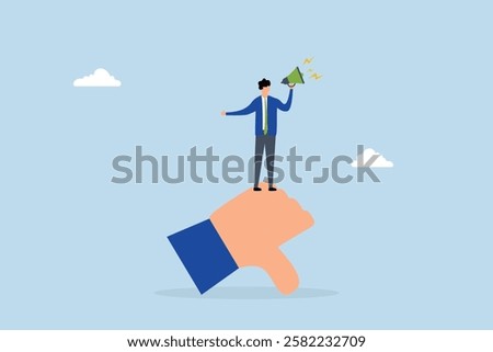 Discredit, ineffective entrepreneur using loudspeaker to disparage and accuse others while displaying thumbs down gesture