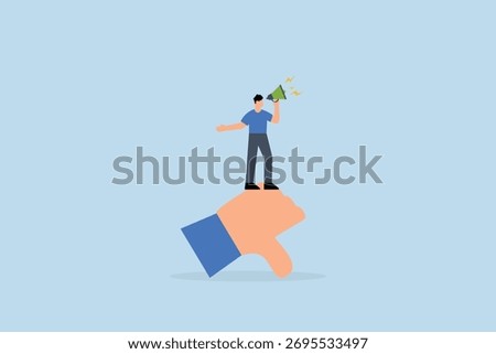 Discredit, ineffective entrepreneur using loudspeaker to disparage and accuse others while displaying thumbs down gesture.