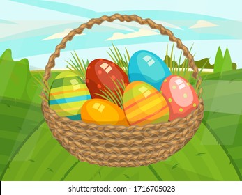 Discreet concept happy spring easter holiday, big basket with bright colorful eggs, design, flat style vector illustration. Traditional symbol, gift and celebration decoration. Nature outdoors