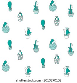 Discreet vector pattern with cactuses in pots on a white background. Minimalistic stylized floral print.