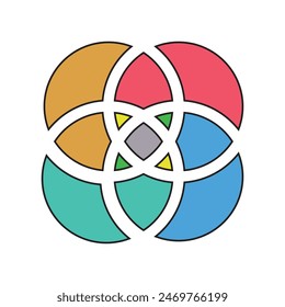 Discrete maths glyph color icon. Overlapping circles. Intersection. Venn diagram. Venn diagram with 3 overlapping circles set. Piramid and Upside down. Flat design  colors. 7891