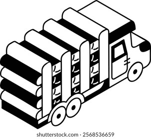 discrete tractor hauling the logs with solid tires isometric concept, Fresh cut pine log on Flatbed vector outline design, firewood or crafts Symbol, forest Deforestation products Sign, Lumberyard