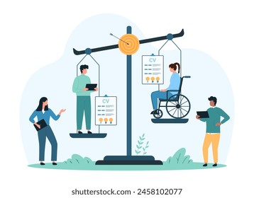 Discrimination, ableism, bias in employment against person with disability. Tiny people compare value of employees on scale, unequal job opportunity for woman in wheelchair cartoon vector illustration