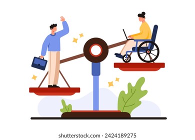 Discrimination, ableism, bias in society and HR company management against office employee with disability. Tiny woman in wheelchair, man with briefcase standing on scales cartoon vector illustration