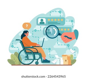 Discrimination and ableism. Bias in society, discrimination and social prejudice against people with disabilities. HR specialist reject an young disabled woman cv. Flat vector illustration