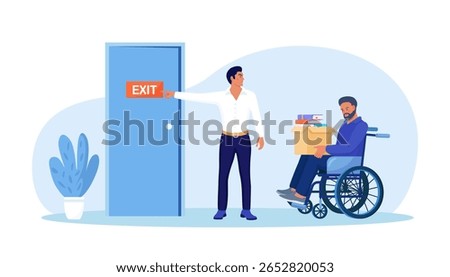 Discrimination against disabled people. Man in wheelchair is fired, employer points at door. Sad jobless person, career failure. Unemployed have problems in job seeking. Inclusion