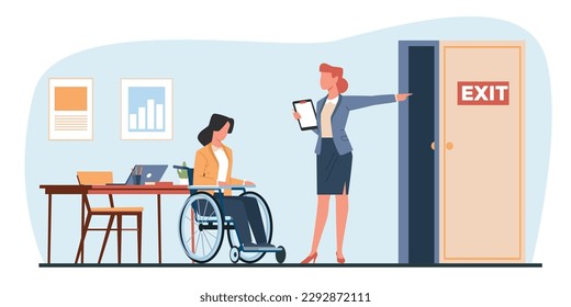 Discrimination against disabled people with woman in wheelchair in hiring. Sad jobless person, unemployment people, career failure. Cartoon flat isolated vector discrimination concept