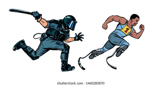 discrimination against persons with disabilities. athlete runner. riot police with a baton. Pop art retro vector illustration drawing