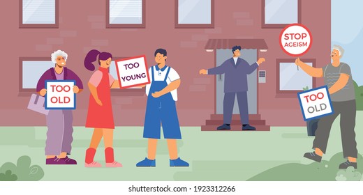 Discrimination ageism flat composition with view of office buildings with retired too young and old workers vector illustration
