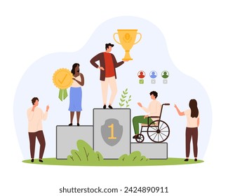 Discrimination and bias against employees with disability, ableism and employment. Tiny people standing on winners podium, prejudice and wrong place for man in wheelchair cartoon vector illustration