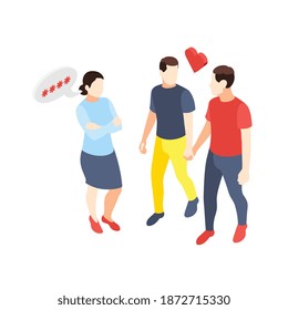 Composición discriminatoria con personajes de pareja y mujer homosexual amorosa con ilustraciones vectoriales de burbuja mental
