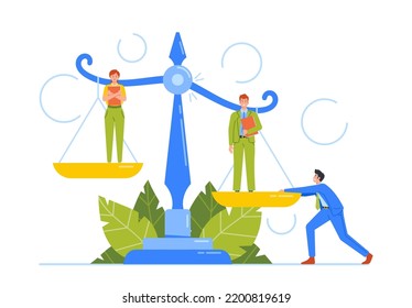 Discrimination In Corporation, Inequality And Imbalance Concept. Male And Female Characters Stand On Scales, Businessman And Businesswoman Unequal Salary, Feminism. Cartoon People Vector Illustration