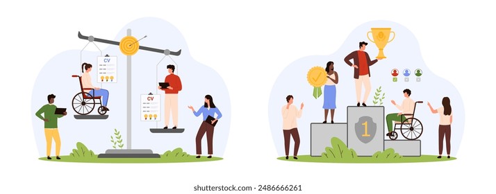 Discrimination in employment, ableism set. Tiny people select CV employees using scales and podium, bias and prejudice, unequal employment rights for person with disability cartoon vector illustration