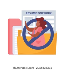 Discrimination flat composition with female character prohibition sign and documents folder vector illustration