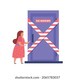 Discriminación de la composición plana con la niña frente a la puerta cerrada para la ilustración vectorial de la mujer