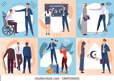 Discrimination flat composition set with job candidates with different characteristics discriminated against isolated vector illustration