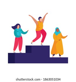 Discrimination flat composition with view of winners podium with people of various religion vector illustration