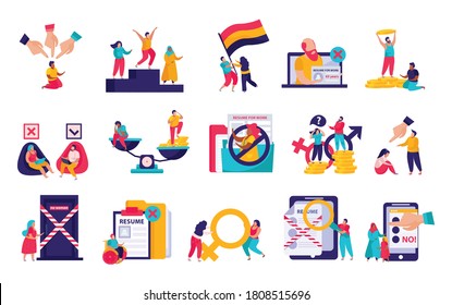 Discrimination flat icons recolor set with gender nationality pay gap racism age religious beliefs unemployment vector illustration         