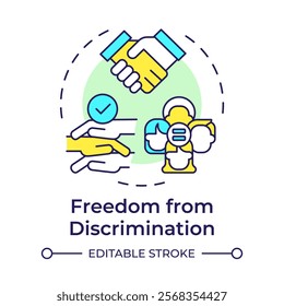 Discrimination freedom multi color concept icon. Social equality, inequality. Round shape line illustration. Abstract idea. Graphic design. Easy to use in infographic, presentation