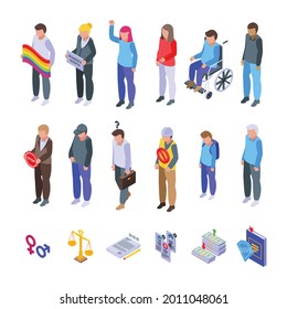 Discrimination icons set isometric vector. Police brutality. Civil rights