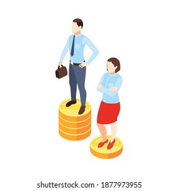 Discrimination isometric composition with characters of man and woman on stacks of coins vector illustration