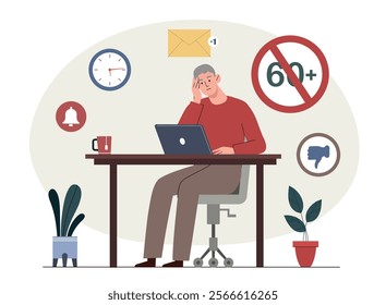 Discrimination job search. Elderly man with laptop looking for vacancy. Applicant too old. Stop age discrimination. Lack of career opportunities for retirees. Flat vector illustration