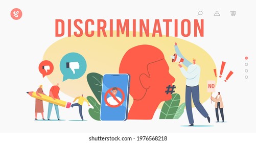 Discrimination Landing Page Template. Cancel Culture Ban. Characters Erasing Person, Tiny Activists With Loudspeaker Against Erase Identity, Riot At Huge Smartphone. Cartoon People Vector Illustration