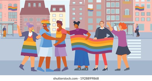 Discriminación de la composición plana lgbt con el paisaje urbano y grupo de jóvenes activistas con banderas arcoiris ilustración vectorial