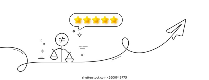 Discrimination line icon. Continuous line with share plane. Gender inequality scales sign. Equality balance symbol. Five star rate review in speech bubble. Discrimination single line ribbon. Vector