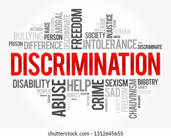 Discrimination refers to the unjust or prejudicial treatment of individuals based on certain characteristics, word cloud concept background