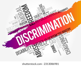 Discrimination refers to the unjust or prejudicial treatment of individuals based on certain characteristics, word cloud concept background