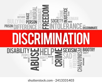 Discrimination refers to the unjust or prejudicial treatment of individuals based on certain characteristics, word cloud concept background