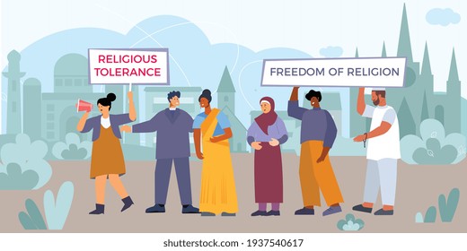 Discrimination religion flat composition with doodle style characters of different confessions members with text thought bubbles vector illustration