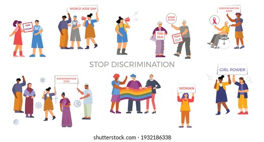 Discrimination set with flat icons and human characters of activists holding placards and shouting text slogans vector illustration