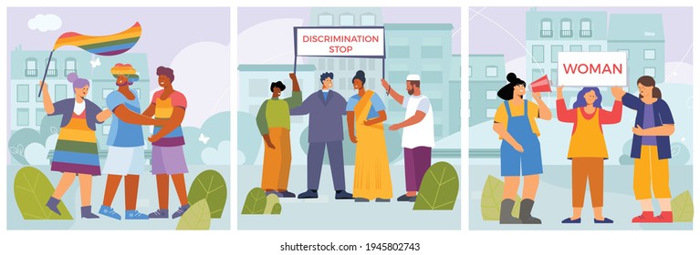 Discrimination set of three compositions with flat landscapes and doodle style characters of freedom equality activists vector illustration