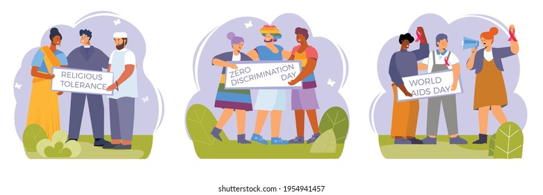 Discrimination set of three flat compositions with doodle human characters of activists with placards and text vector illustration