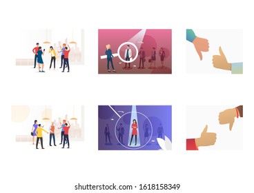 Discrimination in society set. Employer selecting candidate, bullying victim, like or unlike. Flat vector illustrations. Equality, social problem concept for banner, website design or landing web page