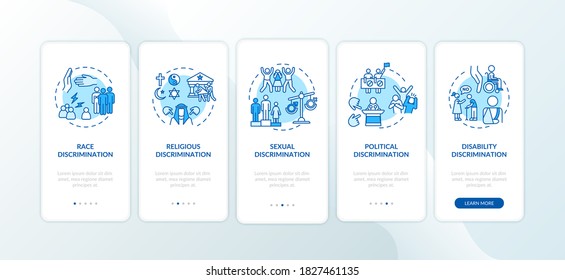 Discrimination types onboarding mobile app page screen with concepts. Sexual and political prejudice. Walkthrough 5 steps graphic instructions. UI vector template with RGB color illustrations