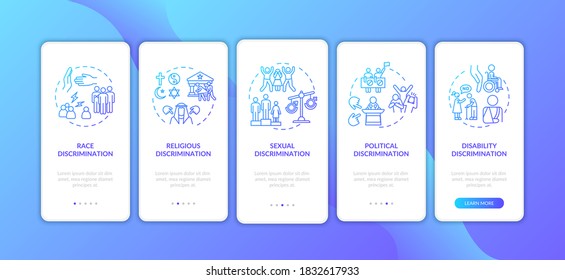 Discrimination types onboarding mobile app page screen with concepts. Racial and disability prejudice. Walkthrough 5 steps graphic instructions. UI vector template with RGB color illustrations