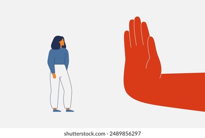 Discrimination for women. Human hand showing stop gesture for Caucasian or asian woman. Restriction for female rights in social life and business. Domestic violence concept. Vector illustration