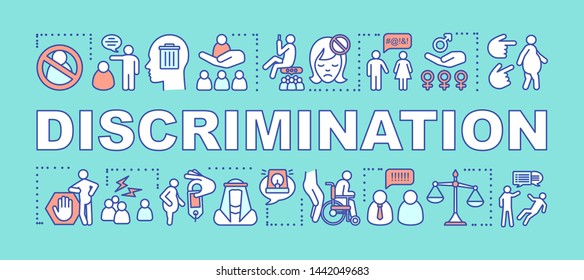 Discrimination word concepts banner. Human rights. Prejudice and inequality. Racism. Sex discrimination. Presentation, website. Isolated lettering typography idea. Vector outline illustration