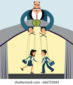 Discrimination of workers. Puppets business. Boss control employees. Businessman marionette. Flat design vector style. Pulling the strings. Holding a puppet on the stage