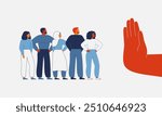 Discrimination in the workplace. Restricting or closing borders to global diversity and immigration. Human hand shows stop gesture for crowd of people. Vector illustration