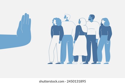 Discriminación en el trabajo. Restringir o cerrar las fronteras a la diversidad global y la inmigración. La mano humana muestra un gesto de alto para la multitud de personas. Ilustración vectorial